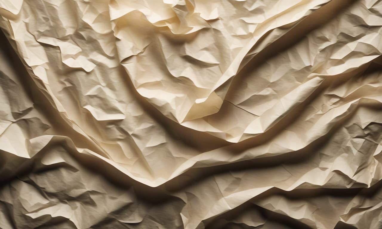  close up of a crumpled sheet of natural paper in the style of realistic photography. shot with studio lighting, soft light, soft shadows.