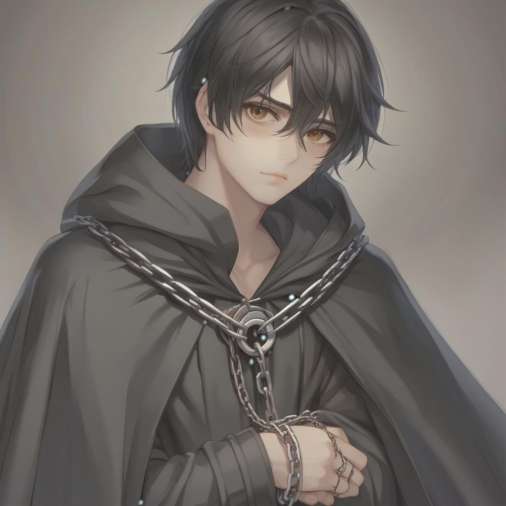  a black haired guy about 17. in a black cloak on an iron chain clasp. a slight paleness. brown eyes.