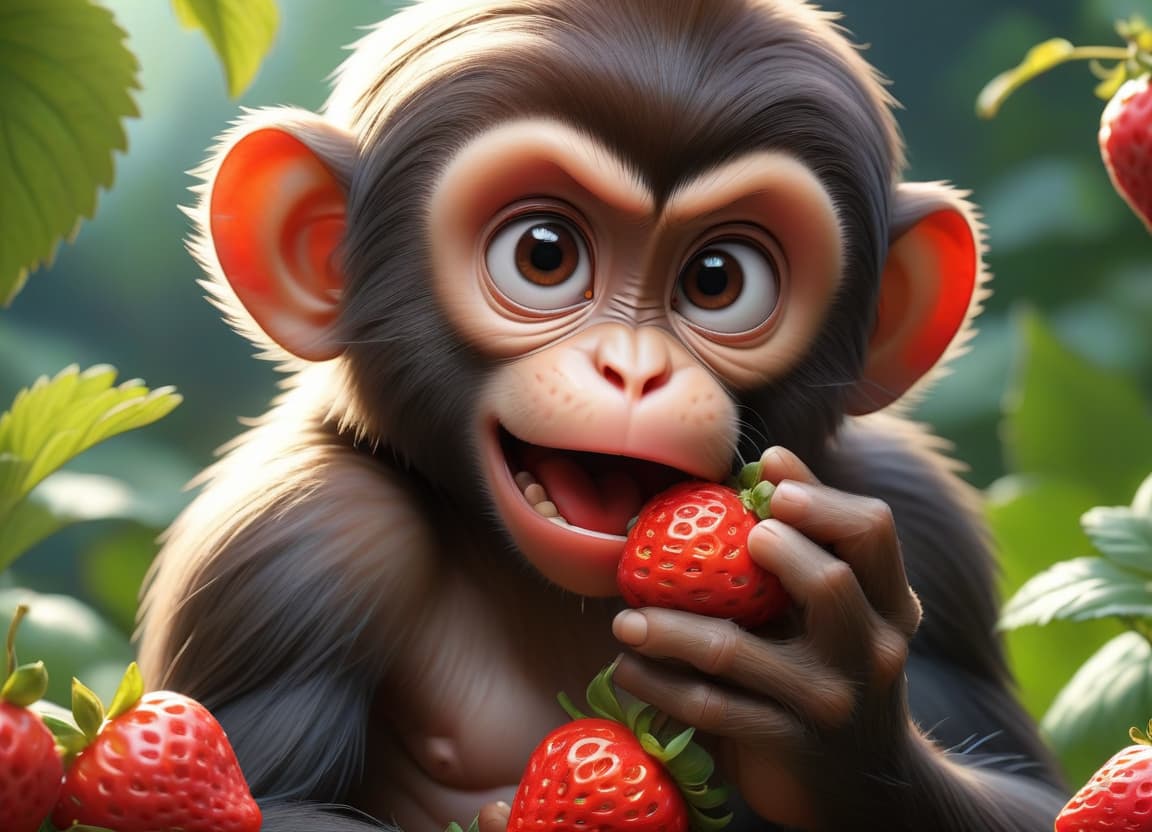  anime artwork imagine of monkey eating strawberries . anime style, key visual, vibrant, studio anime, highly detailed hyperrealistic, full body, detailed clothing, highly detailed, cinematic lighting, stunningly beautiful, intricate, sharp focus, f/1. 8, 85mm, (centered image composition), (professionally color graded), ((bright soft diffused light)), volumetric fog, trending on instagram, trending on tumblr, HDR 4K, 8K