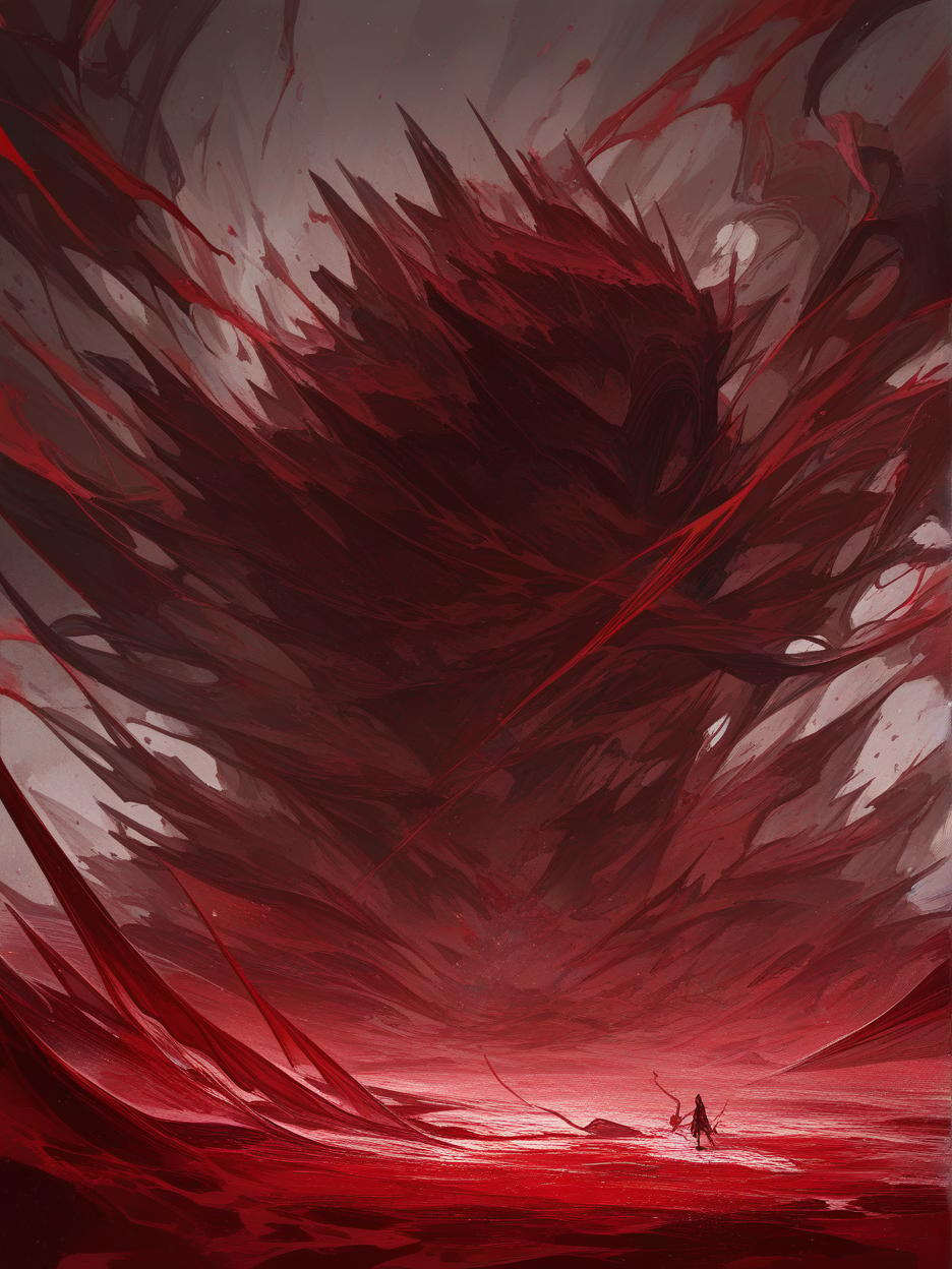  create for me an image of a giant bloody structures, floating with blood swirling around it. the red sand floor being pushed by the swirling force of blood and crystals in the background, with clear skies. . best quality, high resolution