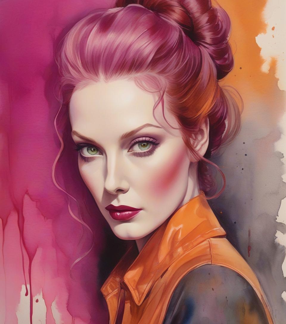  concept art painting of a woman in magenta and orange colors, maureen o&#39;hara, pretty much beautiful face, ultra detailed paintings inspired by wlop, trending with artstation, fantasy art, intricate wlop, art of wlop, wlop art, wlop |, the style of wlop, beautiful character drawings, wlop painting style, wlop | art germ, unparalleled beauty tumbler, figurative art, intense watercolor, watercolor detailed art, watercolor splash, surreal, avant garde pop art, beautiful and expressive paintings, beautiful artwork illustration, very colorful tones, wonderful, cool beauty, master piece, highest quality, official art, women only, sharp outline, best shot, vector art, written by sandra chevrier, dave mckean、by richard avedon、written by maki