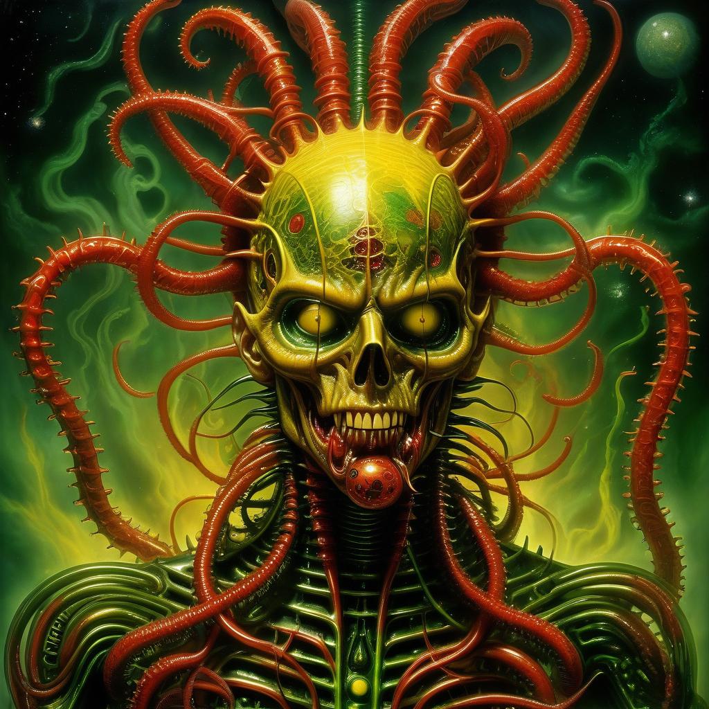  space themed hellraiser whisperer giger demon looks scary prickly red watch in yellow smoke and green sparks suction cups tentacles eyes lower jaw sting tentacles claws and a terrible moan in red smoke in yellow rings of green steam the wound flows with mucus juice . cosmic, celestial, stars, galaxies, nebulas, planets, science fiction, highly detailed