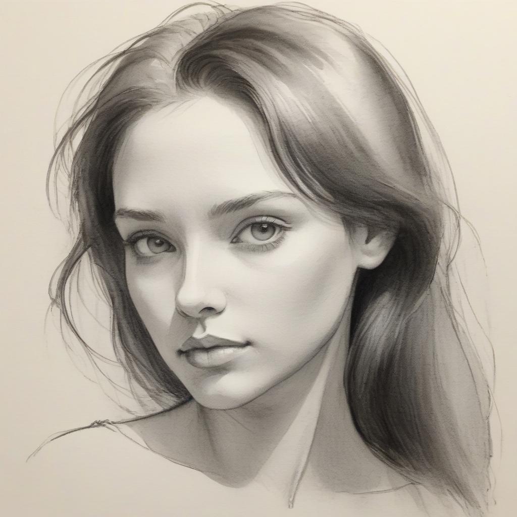  the sketch is unfinished. (a thick charcoal sketch: 1.3). a close up of a beautiful female face. .contours. a strand of hair. pencil strokes. (the effect of unfinishedness: 1.3). minimalism. the harmony of simplicity. in the manner of pyotr sokolov's watercolor portraits.