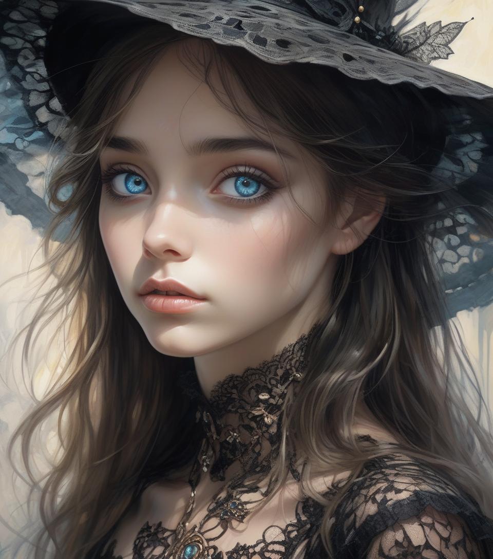  hyperrealistic digital painting of a beautiful girl, reflections in very detailed eyes, looking at the viewer, long hair, wide hat, black lace outfit and in a surreal and fantastical setting, combining the artistic styles of josé royo, boris vallejo, julie bell , carne griffiths and brian froud, accurate anatomy, with symmetrical centered composition, volumetric lighting, rays, bright color highlights, high contrast