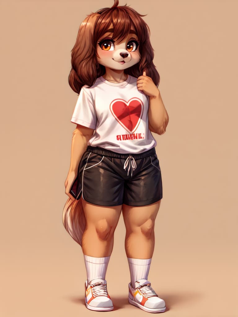  swf anthropomorphic english cocker spaniel female curvy, standing in shorts and oversized tshirt no background