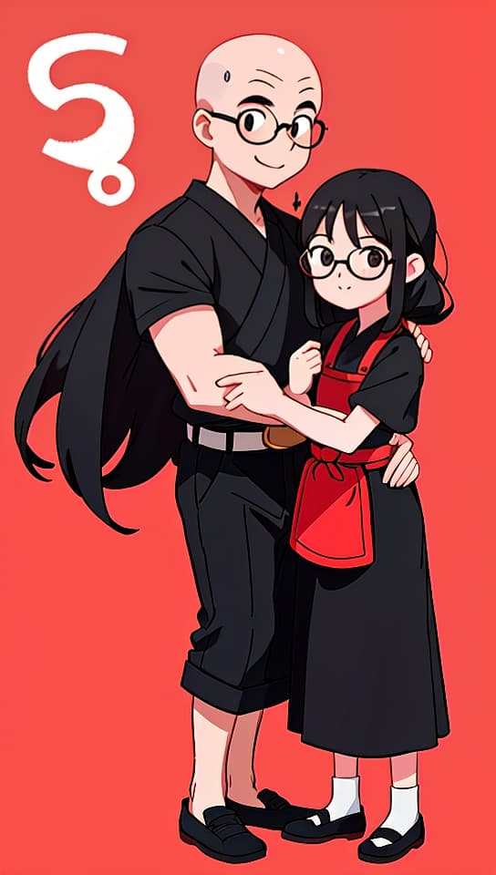  happy vietnamese bald man with glasses black frame rectangular wearing a red polo and black apron. his younger sister wears no glasses wears a kimono long black hair and a white belt jiu jitsu . both standing in a vendor holding bottle of hot chili sauce siblings arms crossed, (anime:1.15), HQ, Hightly detailed, 4k