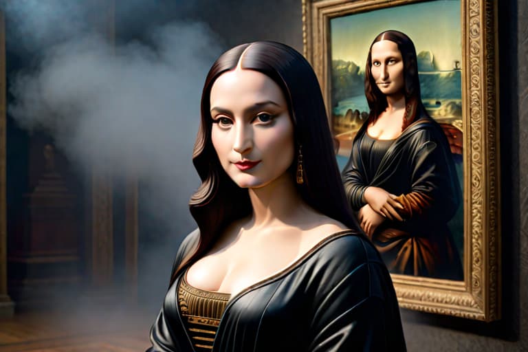  mona lisa, hyperrealistic, full body, detailed clothing, highly detailed, cinematic lighting, stunningly beautiful, intricate, sharp focus, f/1. 8, 85mm, (centered image composition), (professionally color graded), ((bright soft diffused light)), volumetric fog, trending on instagram, trending on tumblr, HDR 4K, 8K