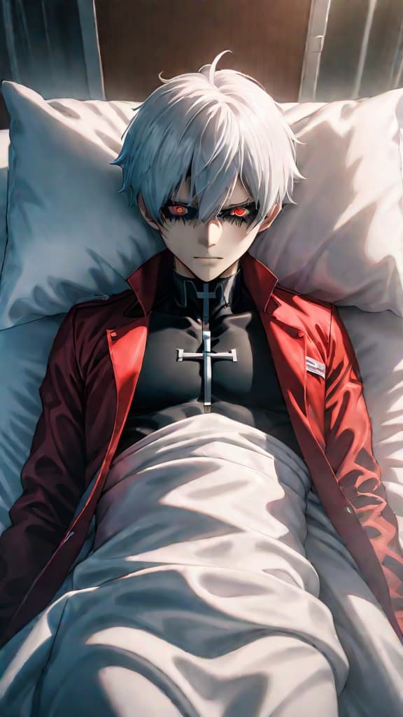  anime art, kaneki ken from tokyo ghoul waking up in a hospital bed, confused and anxious hyperrealistic, full body, detailed clothing, highly detailed, cinematic lighting, stunningly beautiful, intricate, sharp focus, f/1. 8, 85mm, (centered image composition), (professionally color graded), ((bright soft diffused light)), volumetric fog, trending on instagram, trending on tumblr, HDR 4K, 8K