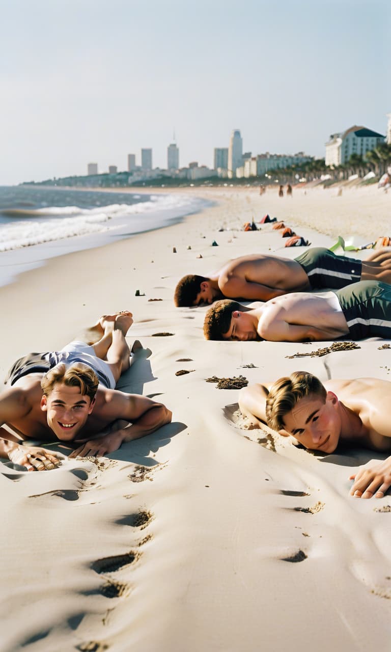  cinematic photo two young athletic men are lying on their backs on the beach. the hair on their heads is very short. the skin of their bodies is very white. they are lying next to each other. we see them in full growth. they are not dressed. they hold each other's hands. they smile at each other. . 35mm photograph, film, bokeh, professional, 4k, highly detailed, film photography style