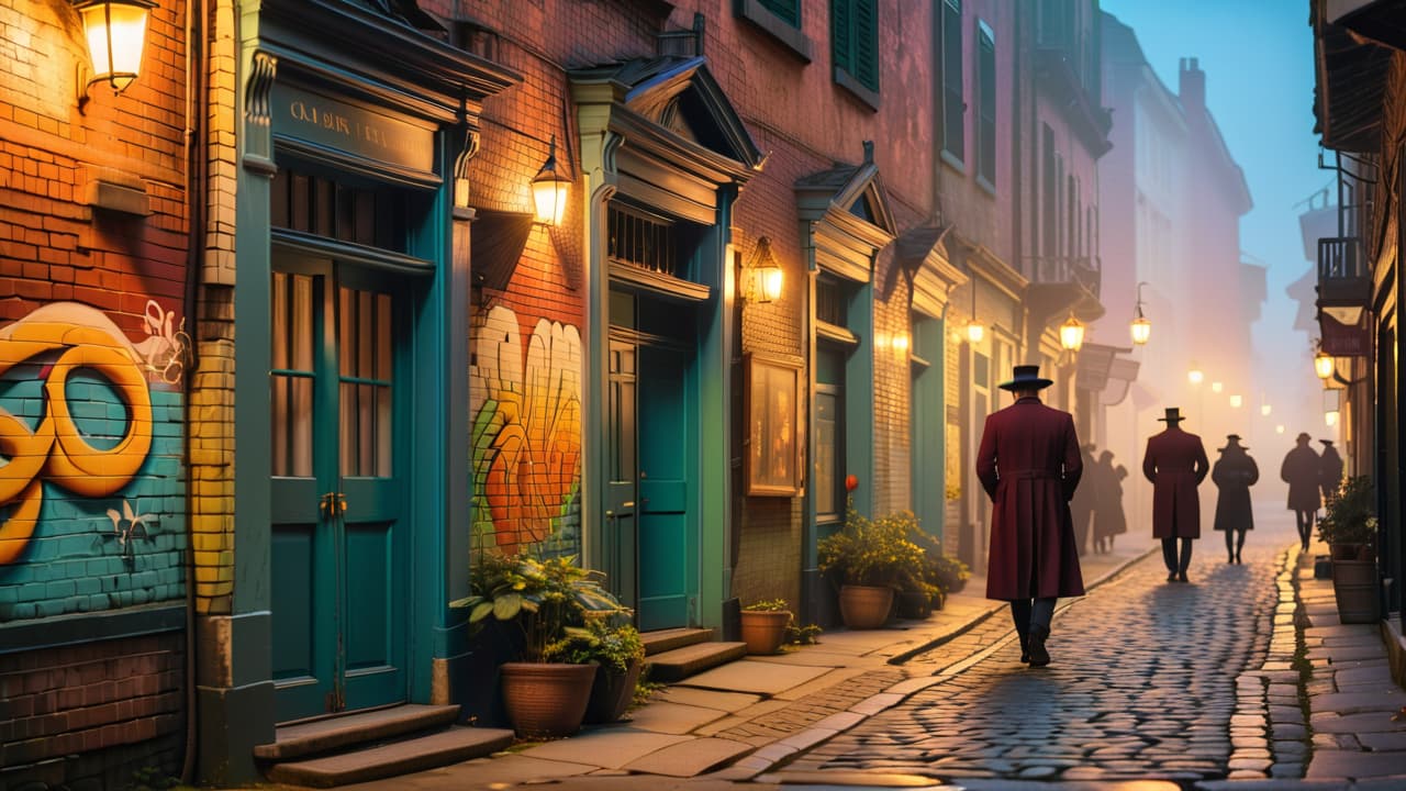  a bustling cityscape at dusk, with shadows of mythical creatures subtly integrated into the architecture, graffiti of legends on brick walls, and people capturing enigmatic moments on their smartphones, blending modernity with ancient folklore. hyperrealistic, full body, detailed clothing, highly detailed, cinematic lighting, stunningly beautiful, intricate, sharp focus, f/1. 8, 85mm, (centered image composition), (professionally color graded), ((bright soft diffused light)), volumetric fog, trending on instagram, trending on tumblr, HDR 4K, 8K