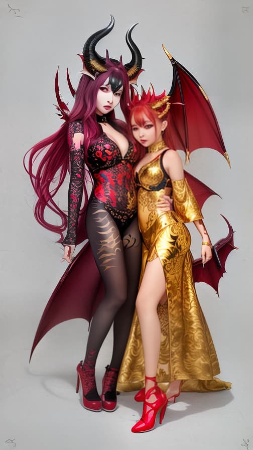  Red and G old dragon pattern face paint, golden dragon and red dragon pattern body paint in every corner of the whole body, Grey body paint, two succubus sisters, full body image 女の子