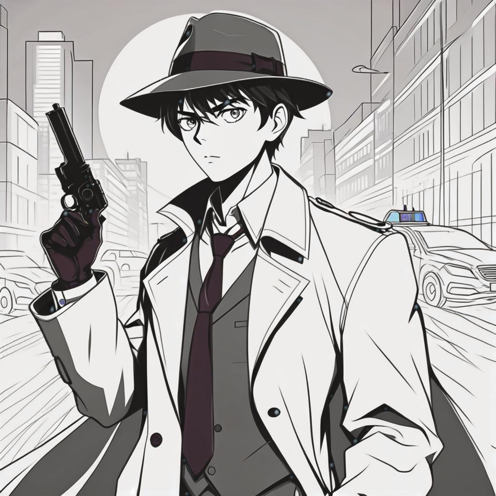  line art drawing detective, same nightmare. anime style . professional, sleek, modern, minimalist, graphic, line art, vector graphics