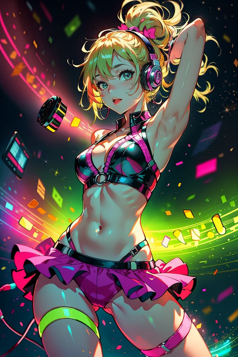  create a vibrant image of a girl enjoying music with an ipod and headphones. the environment features bright colors like fuchsia and yellow. she dances with joy, reflecting her energy. add musical notes and sound waves to create a dynamic and lively atmosphere.