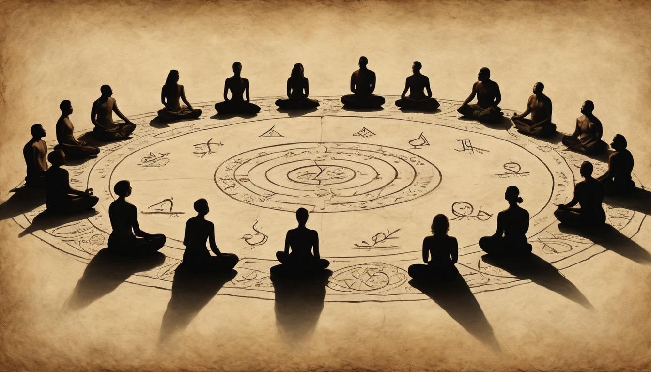  on parchment, surrealism++, group of people meditating in a circle, mystical symbols on the ground, ethereal light, sense of unity, peace, shared purpose(mysterious, provocative, symbolic)++