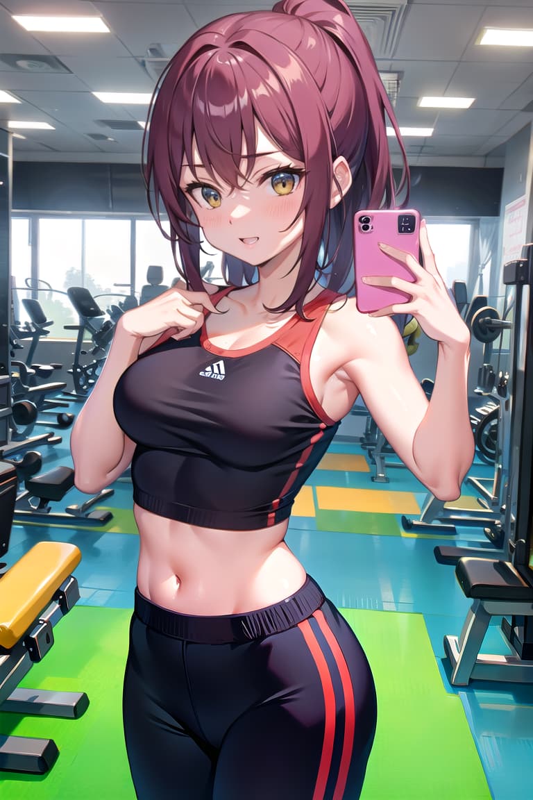  selfie at a gym, workout outfit, energetic pose