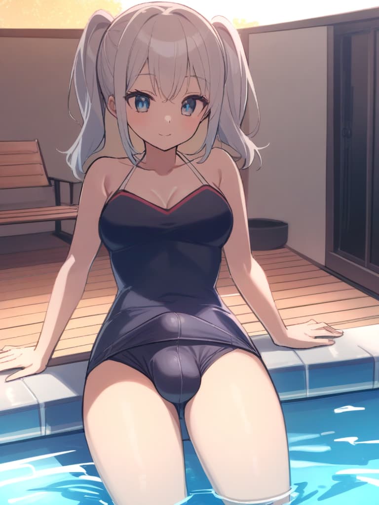  women's elementary students (male), twin tails, cute smiles, (rich s), low stature, dark blue swimwear, old swimwear, , simple, (upward), upward, (bulge), front, whole body, pool side ,,,