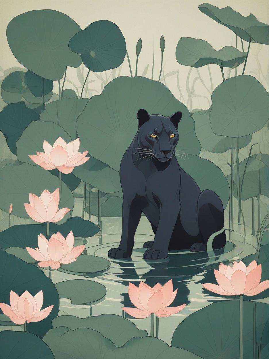  minimalism, panther in a lotus pond illustration, abstract, simple geometic shapes, hard edges, sleek contours, minimalism