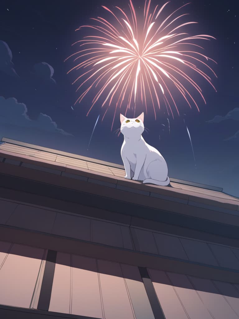  1cat,small cat ,japanese cat ,sit and look up，japanese house roof ,sit on a tiled roof,fireworks,midnight,