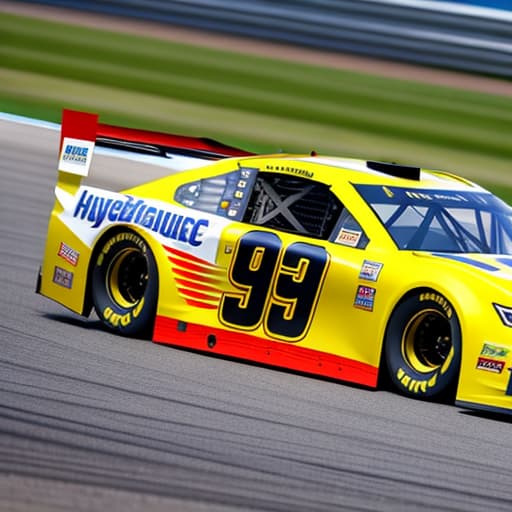  create a nascar side view racing on the track hyperrealistic, full body, detailed clothing, highly detailed, cinematic lighting, stunningly beautiful, intricate, sharp focus, f/1. 8, 85mm, (centered image composition), (professionally color graded), ((bright soft diffused light)), volumetric fog, trending on instagram, trending on tumblr, HDR 4K, 8K