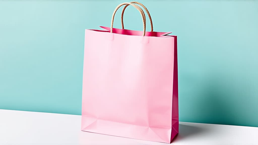  pink smooth paper shopping bag with two paper handles. lots of free space at the top and bottom. the bag is on the right in 1/3 of the picture. pink pastel background. pastel colors. 2/3 of free space on the left. 35mm ar 16:9 {prompt}, maximum details