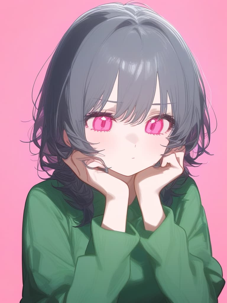  short gray hair,girl,pink eyes,no highlights,green sweater,pink lines on the sleeves,hands on cheeks,pink background