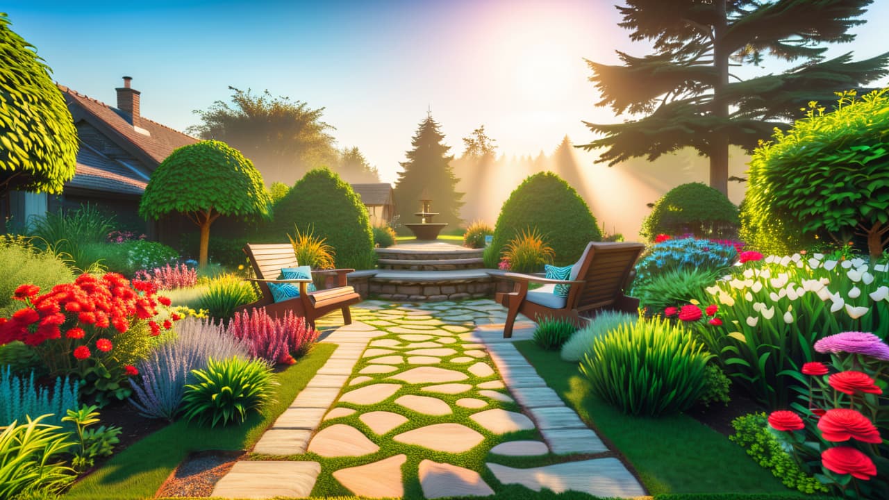  a vibrant garden layout featuring diverse plant beds, colorful flowers, structured paths, and a cozy seating area, surrounded by lush greenery and garden tools, all under a bright blue sky. hyperrealistic, full body, detailed clothing, highly detailed, cinematic lighting, stunningly beautiful, intricate, sharp focus, f/1. 8, 85mm, (centered image composition), (professionally color graded), ((bright soft diffused light)), volumetric fog, trending on instagram, trending on tumblr, HDR 4K, 8K