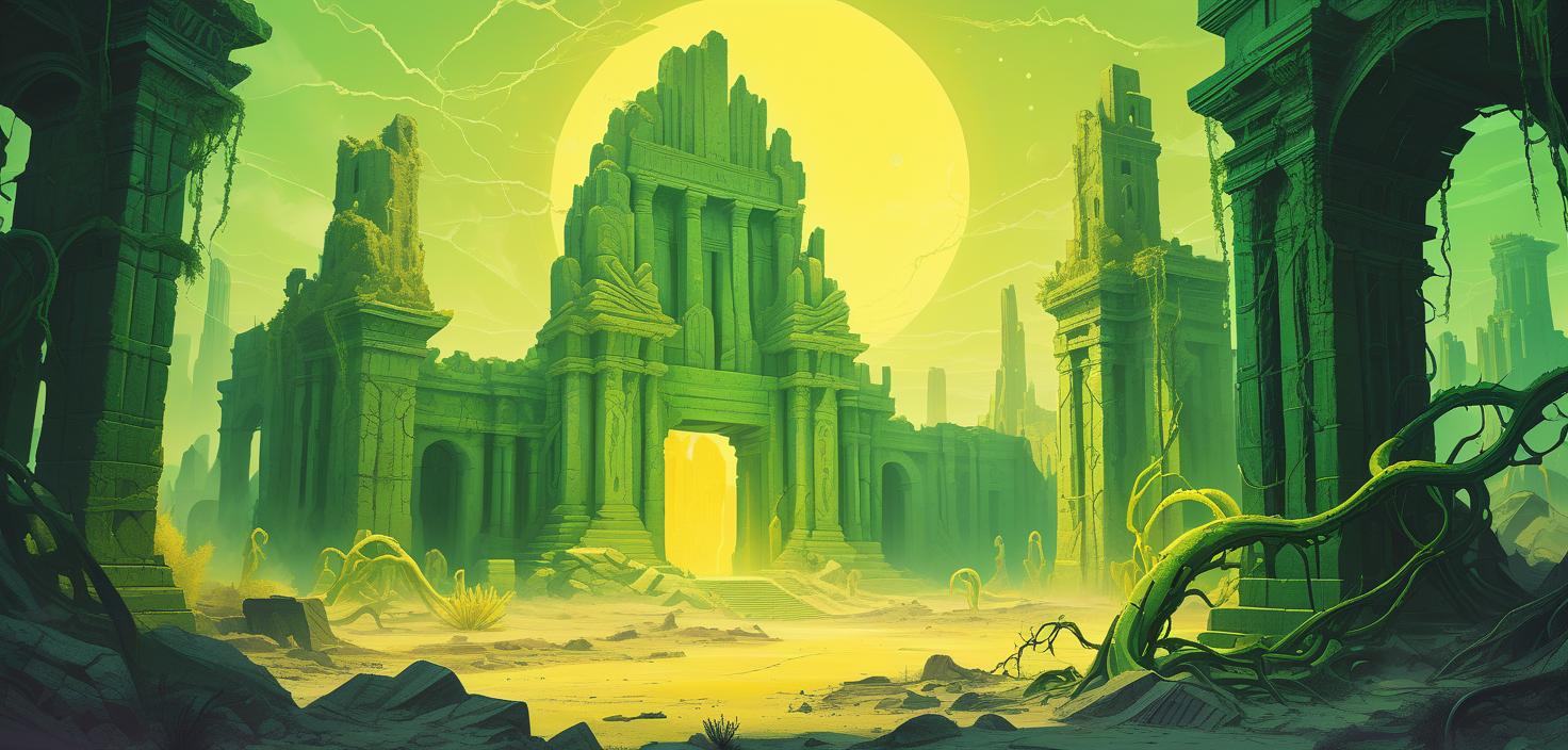  lovecraftian horror ancient ruins. the ruins wrap thick vines of green color. yellow sky. big crystals. desert. synthwave art . eldritch, cosmic horror, unknown, mysterious, surreal, highly detailed