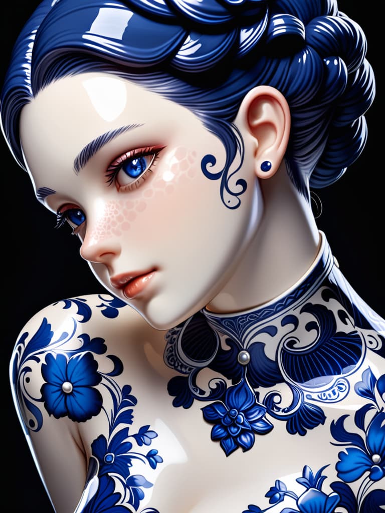  Close-up porcelain female figurine, looking to the camera, glossy surface, glaze, shiny, blue floral tattoos on her, dark gradient background, baroque dark style, hyperrealistic, CG society, intricate details