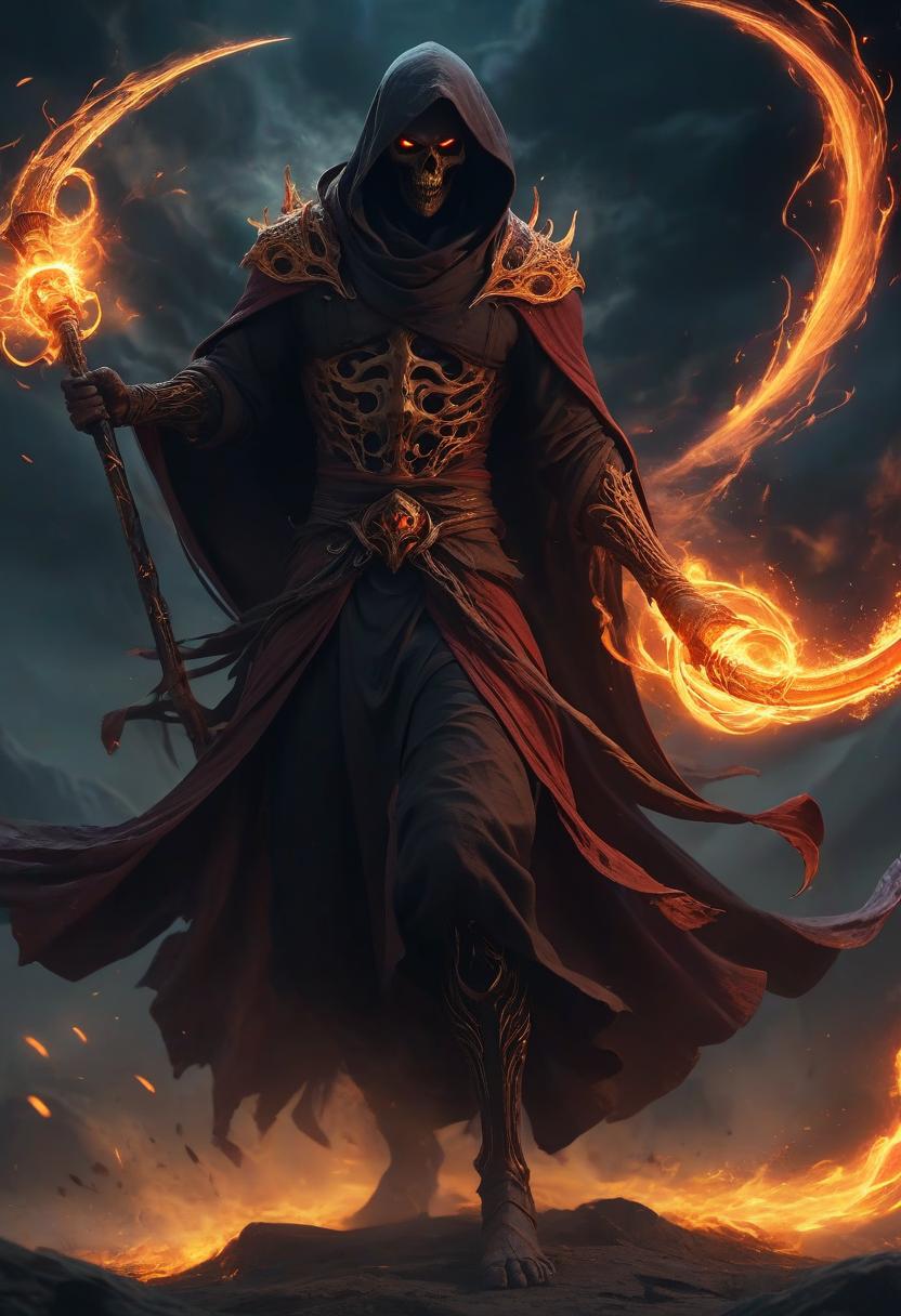  an intangible character, an ephemeral phantom reaper in the dark fantasy style, in pursuit of a victim, fiery whirlwinds envelop his body, he tears time and space with his scythe, close up, epic plot, full hd, (((8k)))