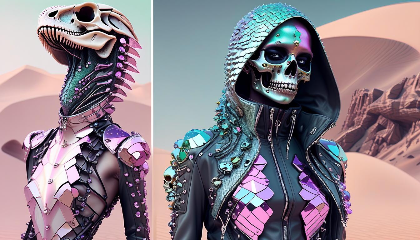  techwear fashion lizard scales. full length girl skull instead of face. chromium and precious stones, pastel tones. desert . futuristic, cyberpunk, urban, tactical, sleek, dark, highly detailed