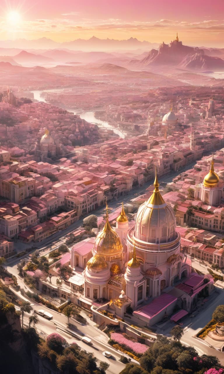  concept art color pink, white, black, gold eldorado city golden city and the sun . digital artwork, illustrative, painterly, matte painting, highly detailed, perfect hands