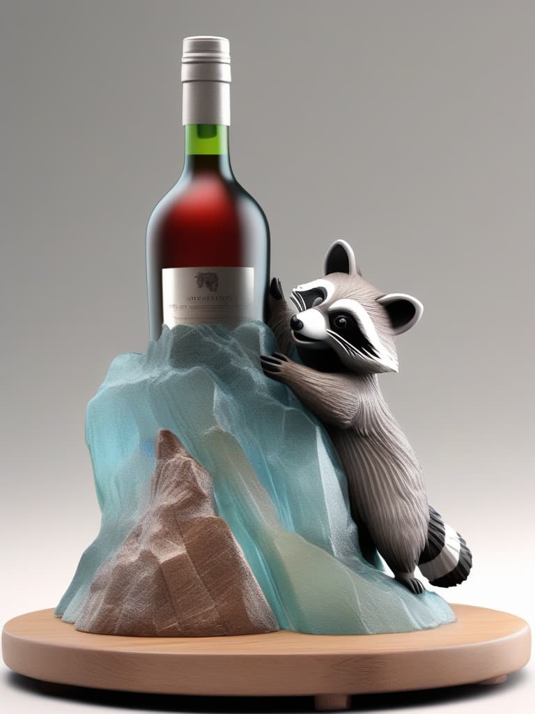  ((transparent glasswork,3d stereoscopic modeling)){limitless 3d stereoscopic modeled glasswork (cute raccoon,holding a bottle of wine) glasswork on a wooden base}ultra detailed,high resolution,absurd,adopted,3d,