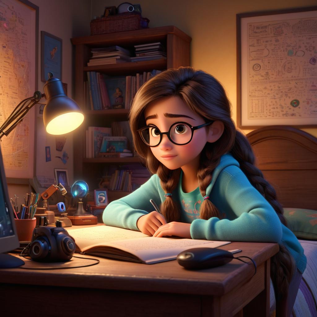  in 3d animated movie style. disney pixar style. alisha, aged 10 12, in cozy bedroom, cluttered desk with tech gadgets. high res pixar 3d animation. soft, warm lighting, cozy atmosphere. over the shoulder shot of alisha, staring at intricate code, showing determination and doubt.