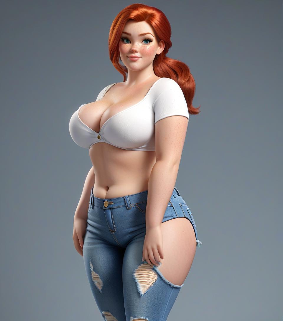  hyperrealistic art cartoon plump redhead full length. a lush body, a huge hanging bust. torn jeans, transparent top not hiding a clean bust, wide neckline. it's a fascinating pose. freckles on the nose, cheeks round, nice face. sponges are plump. hairstyle ponytail. von white . extremely high resolution details, photographic, realism pushed to extreme, fine texture, incredibly lifelike