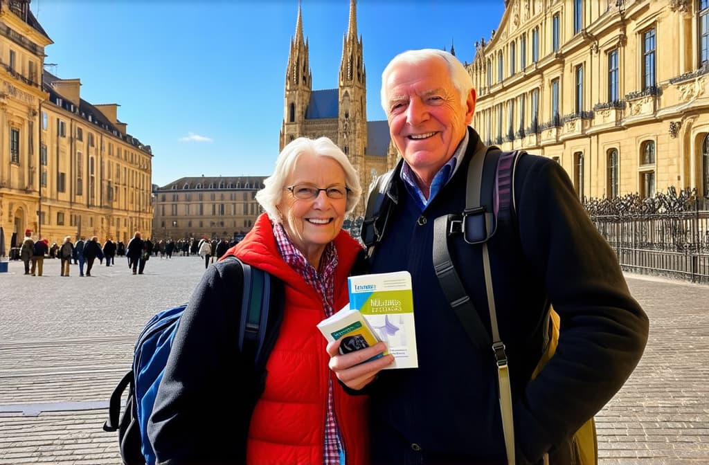  a senior couple exploring a european city, taking a selfie in front of a famous landmark, with backpacks and travel guidebooks in hand. ar 3:2 {prompt}, maximum details