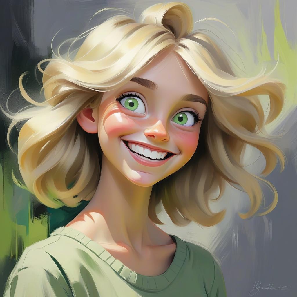  impressionist painting girl with blonde shoulder hair and a beautiful smile and large gray green eyes cartoonish . loose brushwork, vibrant color, light and shadow play, captures feeling over form