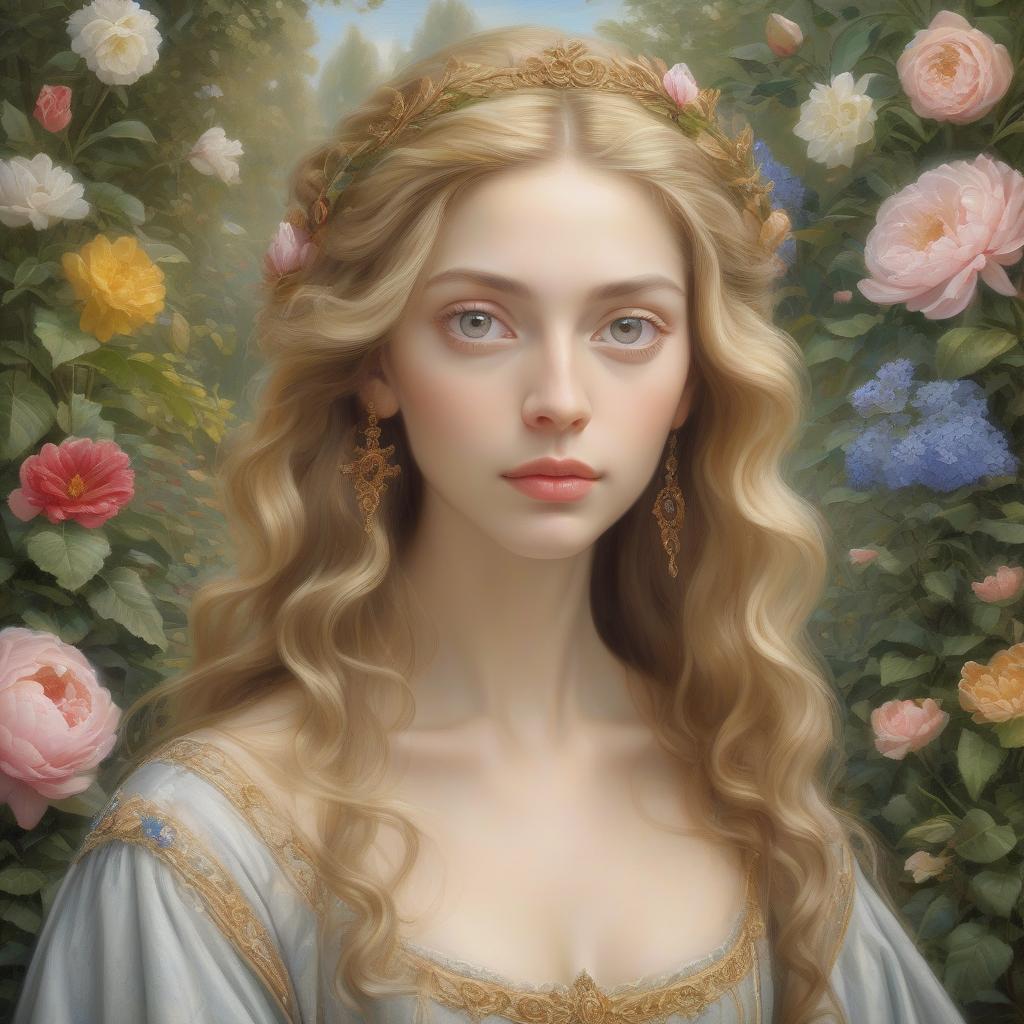  <mymodel>realistic painting of a beautiful woman in a garden, perfect composition, super detailed, high quality, painting strokes, intricate details, highly detailed, renaissance painting, baroque painting, paint texture, symmetrical face, ideal human, ultra details, ethereal lighting