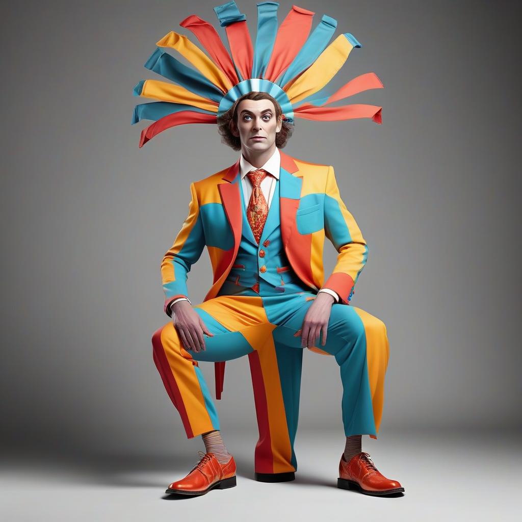  a stage image of a man. circus costume bright colors, large pockets, headdress from the future. full length suit with shoes. good face.