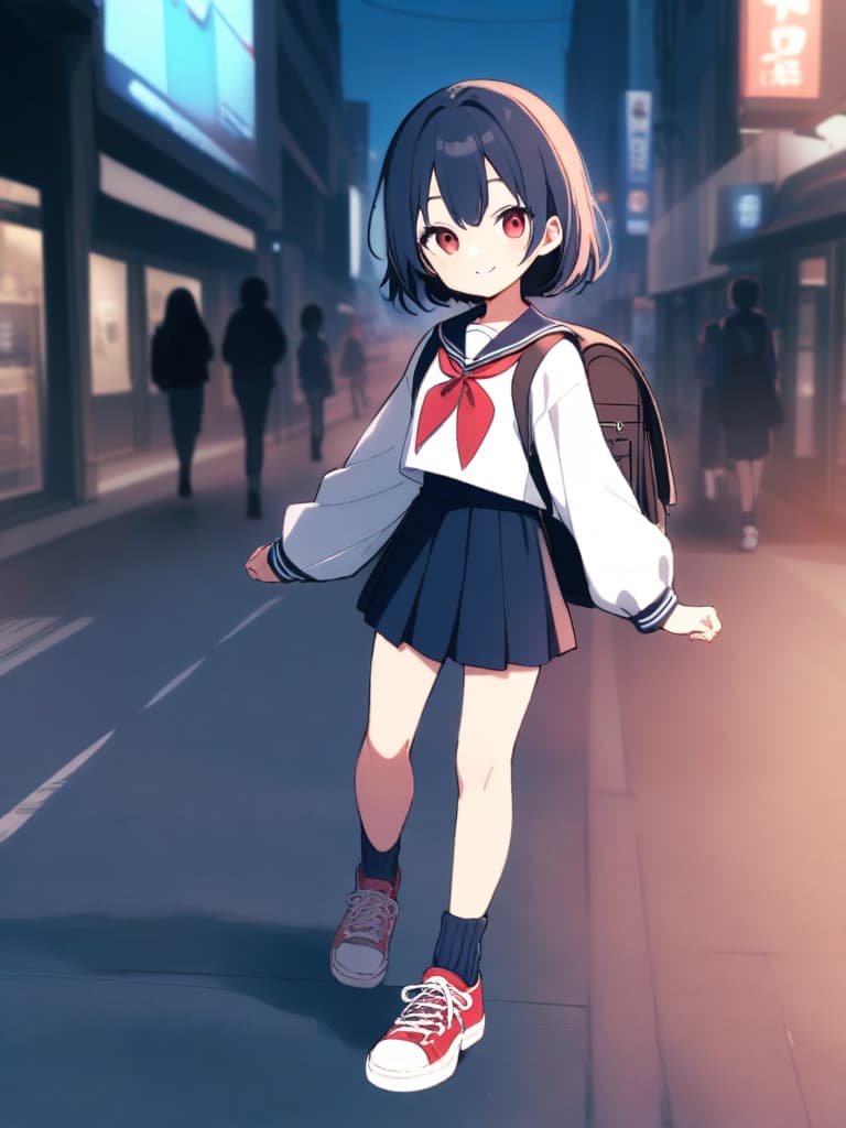  s junior high , (male ), sailor suit, mini , transvese, short hair, cute smile, backpack, ultra long row socks, bottom sneakers, whole body, in the city,