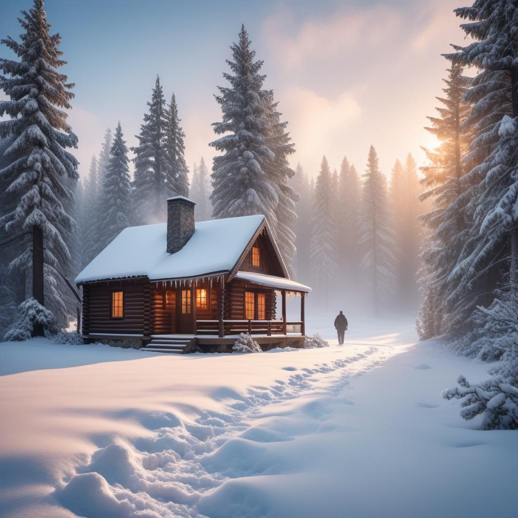  A cozy winter cabin surrounded by snow-covered trees. The cabin has warm light glowing from the windows, creating a welcoming atmosphere. Smoke is rising from the chimney, indicating a fireplace inside. There are snowflakes gently falling, and the ground is blanketed in thick snow. In the foreground, there are footprints leading to the cabin, adding a sense of warmth and life to the scene. hyperrealistic, full body, detailed clothing, highly detailed, cinematic lighting, stunningly beautiful, intricate, sharp focus, f/1. 8, 85mm, (centered image composition), (professionally color graded), ((bright soft diffused light)), volumetric fog, trending on instagram, trending on tumblr, HDR 4K, 8K