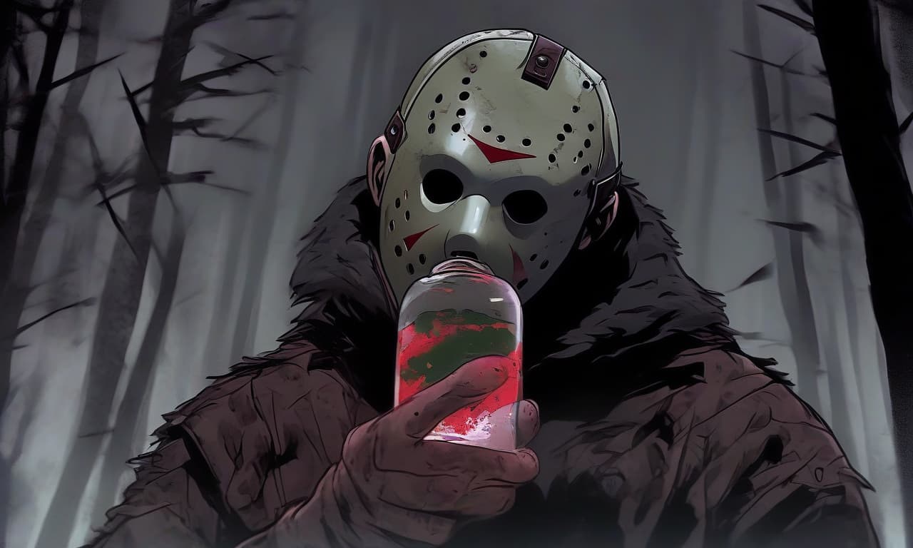  horror themed close up. jason voorhees looking at a vial of poison. the background is a forest and thick fog . eerie, unsettling, dark, spooky, suspenseful, grim, highly detailed