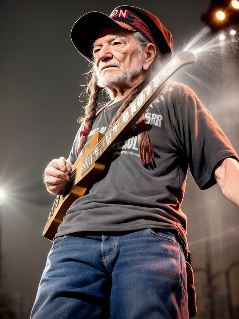  Singer Willie Nelson, medium shot, upper body, spotlight, long exposure lighting, street art style spray paint, glamour lighting