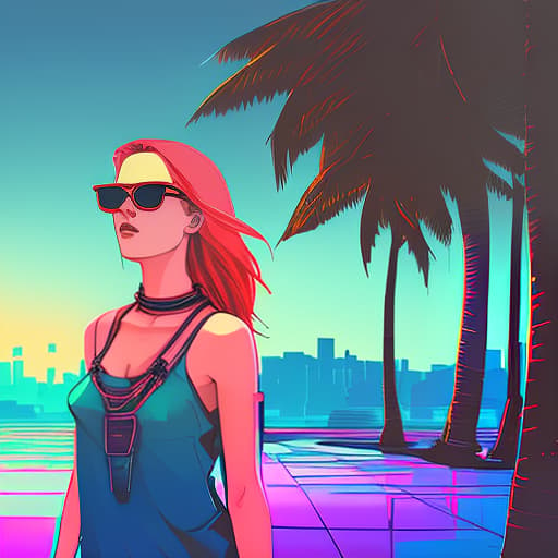 nvinkpunk a woman with bright red hair below her shoulders, wearing sunglasses, a t shirt top, with a choker around her neck, stands against a neon sunset. coast of the sea, shade of palm trees. digital photo. high detail. high realism.