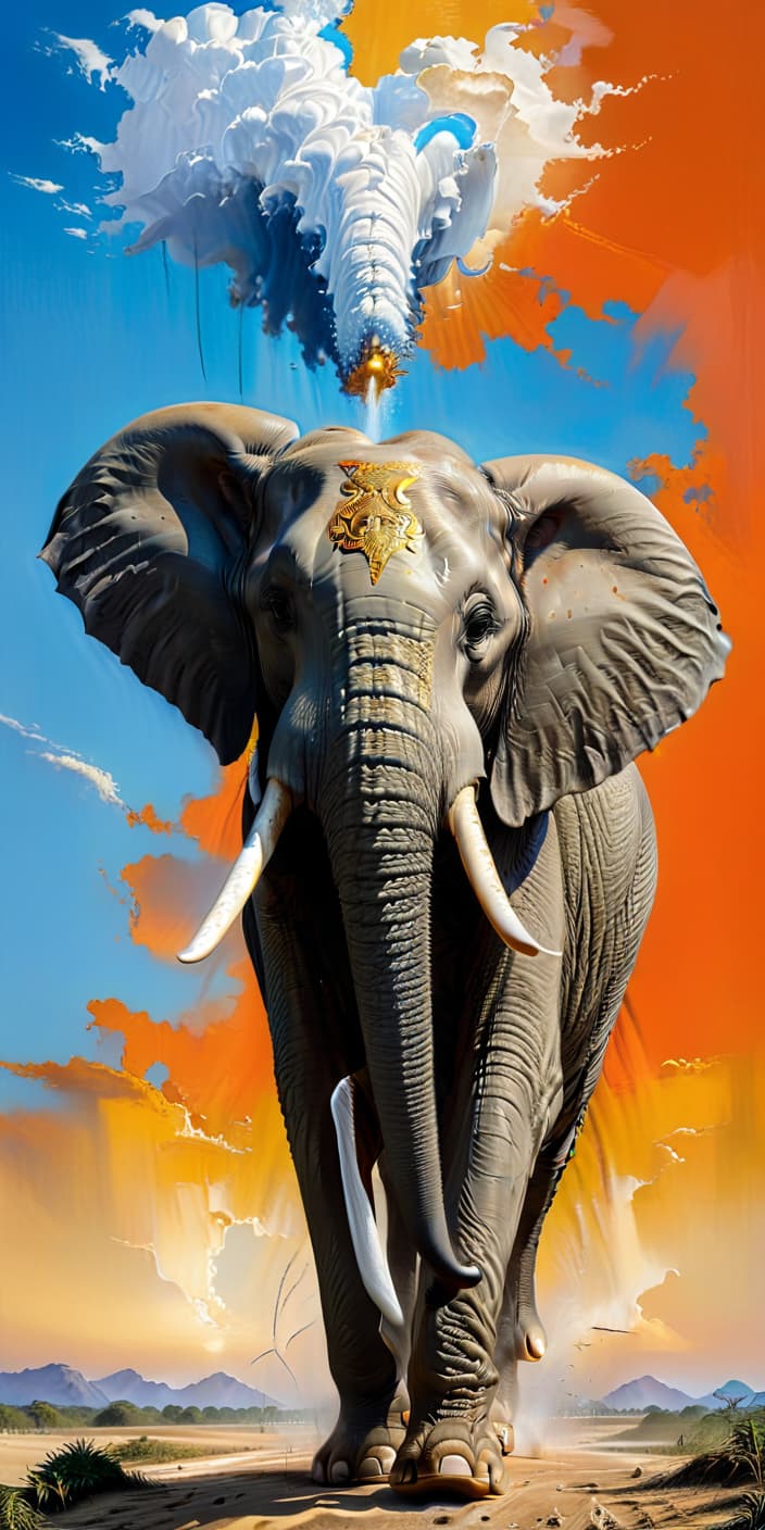  the striking painting depicts an elephant walking towards the viewer, occupying a central place in the composition. the elephant is depicted with realistic but expressive brushstrokes, showing the intricate details of its skin texture, including noticeable wrinkles and grooves. his large ears are widely spaced, so that the detailed texture is visible on both dark and light surfaces. the elephant's tusks stand out in white with golden reflections, which gives it a majestic appearance. the elephant's trunk is visible, going down, and smaller details of its legs and feet are visible under it. above the elephant's head there is a large heart shaped formation of white clouds, abstractly decorated with patches of black and blue, which creates a s