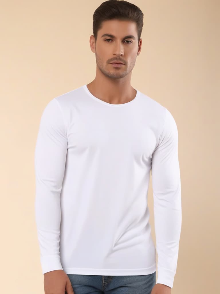  una camiseta blanca de manga larga,hombre puesto en un maniquie invisible solo se ve la playera eta de frente se muestra sobre un fondo blanco.