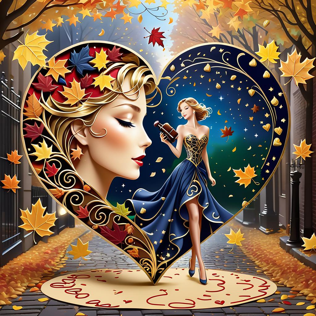  luxury product style on a carpet of yellow leaves in a simple dress of wind given crepe autumn danced a waltz boston in an alleyway. the warm day flew away and the saxophone sang hoarsely. (background of the card): falling autumn leaves, a whirlwind of autumn leaves, wind saxophone, ((a box of chocolates, the inscription "autumn waltz")) , a greeting card. (heart), a beautiful figure made of contours in the shape of a heart. (heart colour): night sky background, stars, gold pattern. (style):fantasy, autumn art, autumn romance. (colours):gold, green gold, navy blue, red, red gold, brown gold, silver, golden blue, bluish blue, dark blue on gold . elegant, sophisticated, high end, luxurious, professional, highly detailed