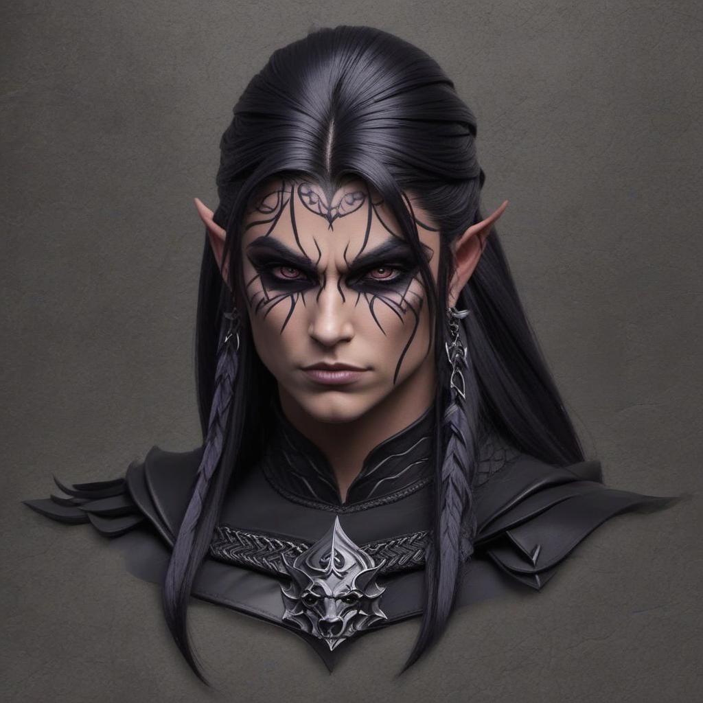  half orc, black hair, viking hairstyle, red purple eyes, gothic, muscle’s, face scars, face tattoo, female, mythological style