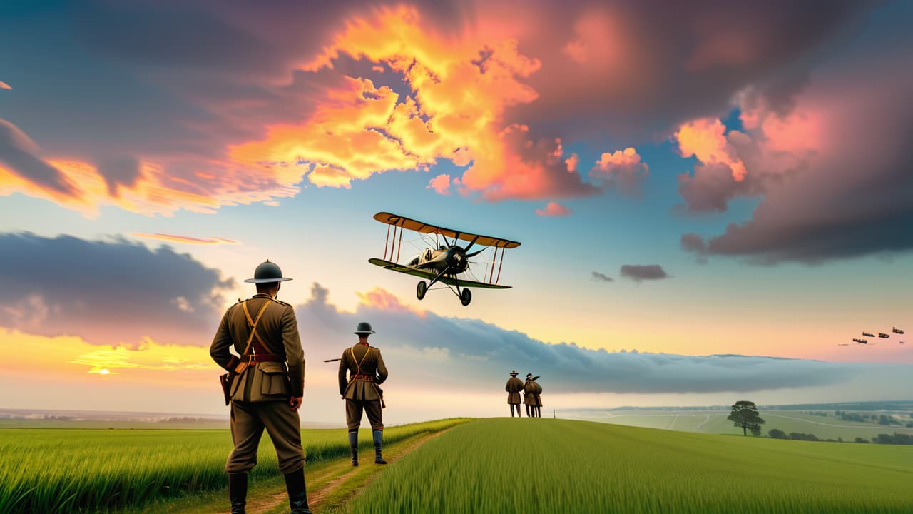  a vintage biplane soaring above a world war i battlefield, with soldiers in period uniforms looking up in awe, surrounded by a dramatic sky filled with clouds and the distant silhouette of a military encampment. hyperrealistic, full body, detailed clothing, highly detailed, cinematic lighting, stunningly beautiful, intricate, sharp focus, f/1. 8, 85mm, (centered image composition), (professionally color graded), ((bright soft diffused light)), volumetric fog, trending on instagram, trending on tumblr, HDR 4K, 8K