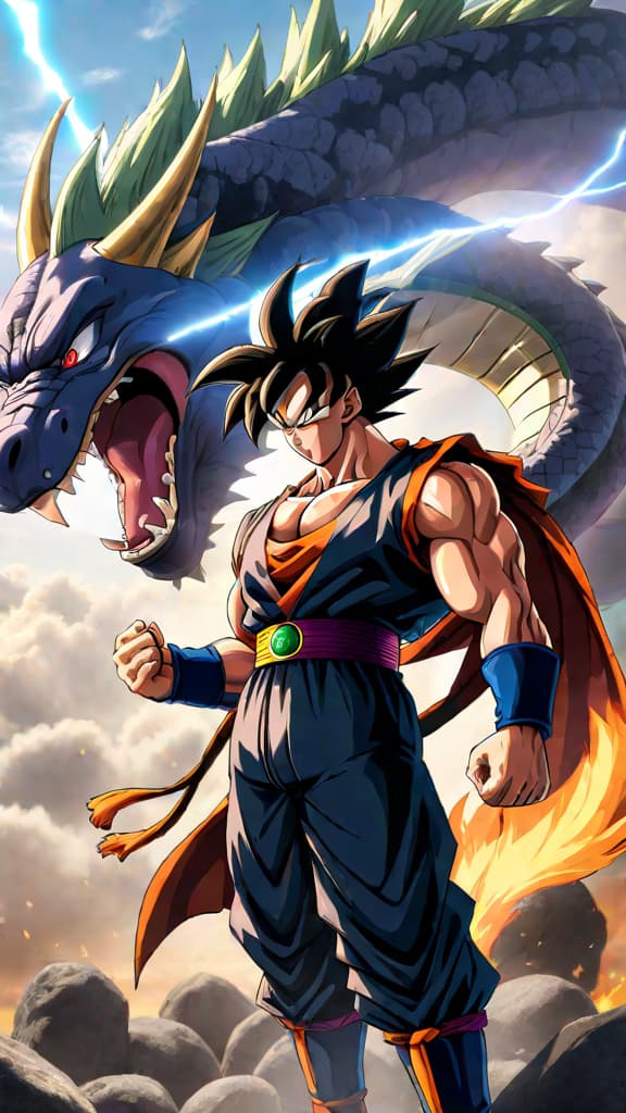  an anime art of black goku (dragon ball) facing off against broly (dragon ball) in an epic showdown. hyperrealistic, full body, detailed clothing, highly detailed, cinematic lighting, stunningly beautiful, intricate, sharp focus, f/1. 8, 85mm, (centered image composition), (professionally color graded), ((bright soft diffused light)), volumetric fog, trending on instagram, trending on tumblr, HDR 4K, 8K