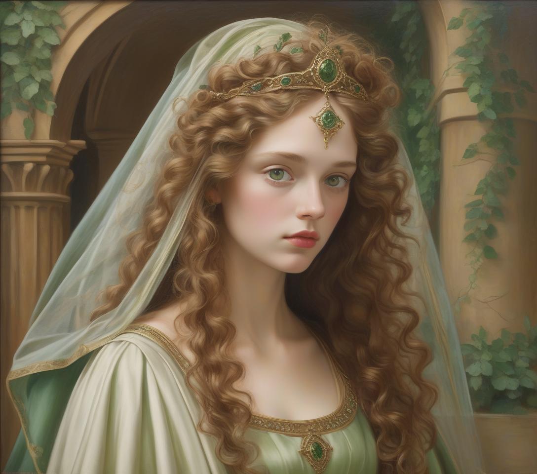  ultra realistic oil on canvas of a princess wearing a noble roman she has fair skin with a cool undertone and light brown voluminous curly long hair she is tunic she looking slightly upwards she wears a veil around her hair she wears she has green dreamy eyes do not add makeup use pre raphaelite techniques